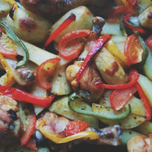 a close up of a plate of food with meat and veggies
